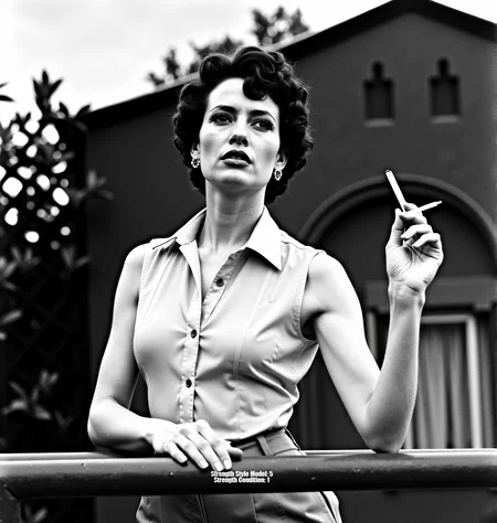 A high-contrast black and white photograph, inspired by Helmut Newton and Peter Lindbergh. A glamorous woman with short, curly hair, wearing a partially unbuttoned sheer button-down shirt tucked into high-waisted trousers. She leans against a railing, cigarette in hand, against a backdrop of cloudy skies, architectural details, and foliage. Shot from a slightly low angle with strong chiaroscuro lighting, creating deep shadows and a dramatic mood. Sharp focus on the foreground with a shallow depth of field. Evoke a timeless, sophisticated aesthetic, reminiscent of classic Hollywood glamour meets raw, unfiltered emotion. Limited grayscale palette, emphasizing texture and form, with a touch of Anton Corbijn's starkness and mood.<lora:_Flux\_Photographer\Helmut_Newton-000001.safetensors:0.8000000000000002:0.8000000000000002>