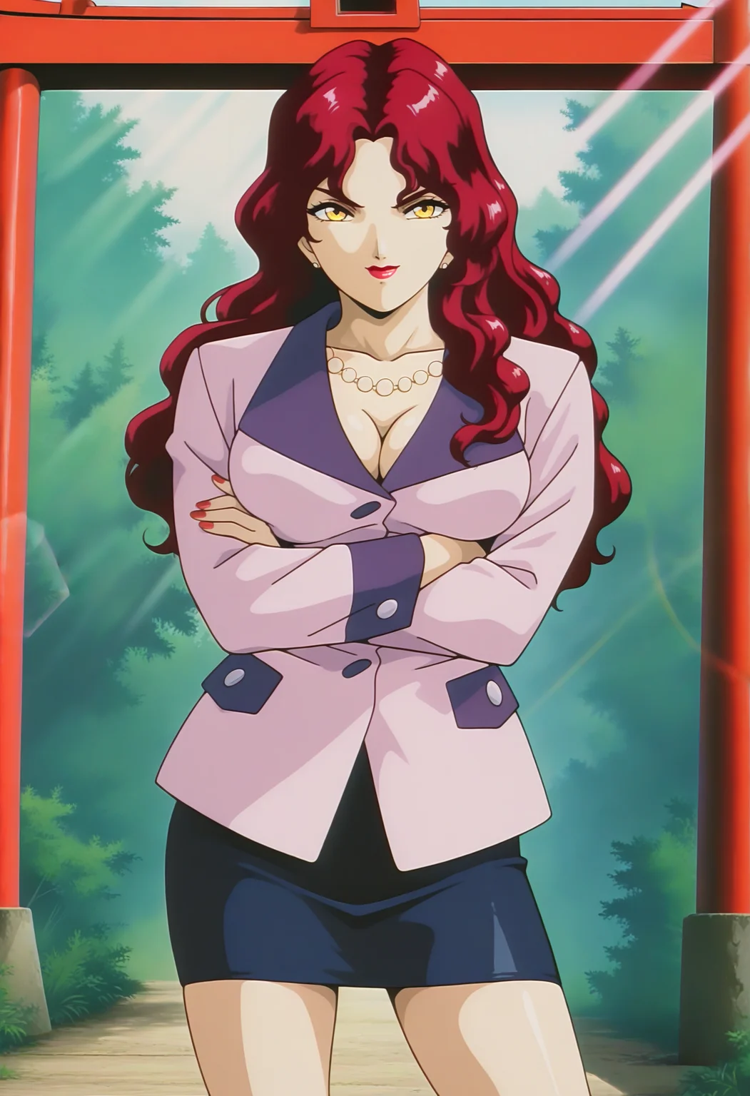 masterpiece, best quality, good quality, <lora:ISTAUtakoDaigoIL:1>, ISTAUtakoDaigo, 1girl, red hair, long hair, yellow eyes, lipstick, medium breasts, white earrings, red nails,
necklace, pink jacket, cleavage, dark blue skirt, pencil skirt,
looking at viewer, v-shaped eyebrows, standing, seductive smile, crossed arms, breast press, from above, knees,
BREAK outdoors, day, light rays, lens flare, nature, on torii,