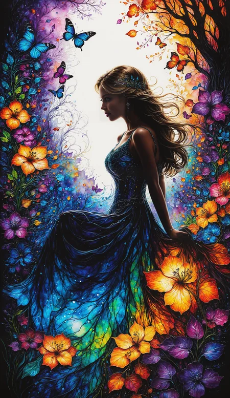 Silhouette Art, hyperrealistic art breathtaking a lineart (vibrant alcohol ink sketch). [magnificent faetastic , shiny, intriguing weirdness, color schemes  extravaganza, mystery of  darkness, unusual natural aesthetics, glossy]. (hyperdetailed. styled long glossy blonde hair.) 
award-winning, professional, highly detailed . extremely high-resolution details, photographic, realism pushed to extreme, fine texture, incredibly lifelike, high contrast, well defined.
<lora:InkArtXL_1.2:0.4>   <lora:FaeTastic:0.3>