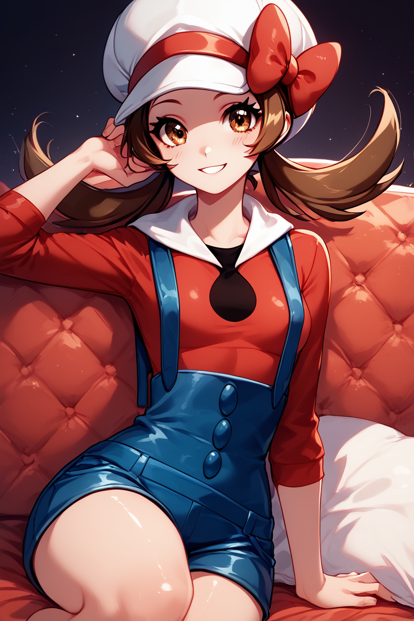 score_9, score_8_up, score_8, medium breasts, (curvy), cute, eyelashes,       BREAK, , ,,, zzLyra, brown eyes, brown hair, twintails, long hair, white cabbie hat, red hat bow, red shirt, blue overalls, <lora:Lyra_Pokemon_PDXL:1.0>, ,,,, BREAK, ,,, smile, looking at viewer, blush, blurry, couch, sitting, ,,, shiny skin, <lora:ProAnime_PDXL_v1:0.7>, ,,, embedding:zPDXL, Expressiveh, <lora:SDXLFaeTastic2400:0.5>, <lora:Expressive_H-000001:0.4>,