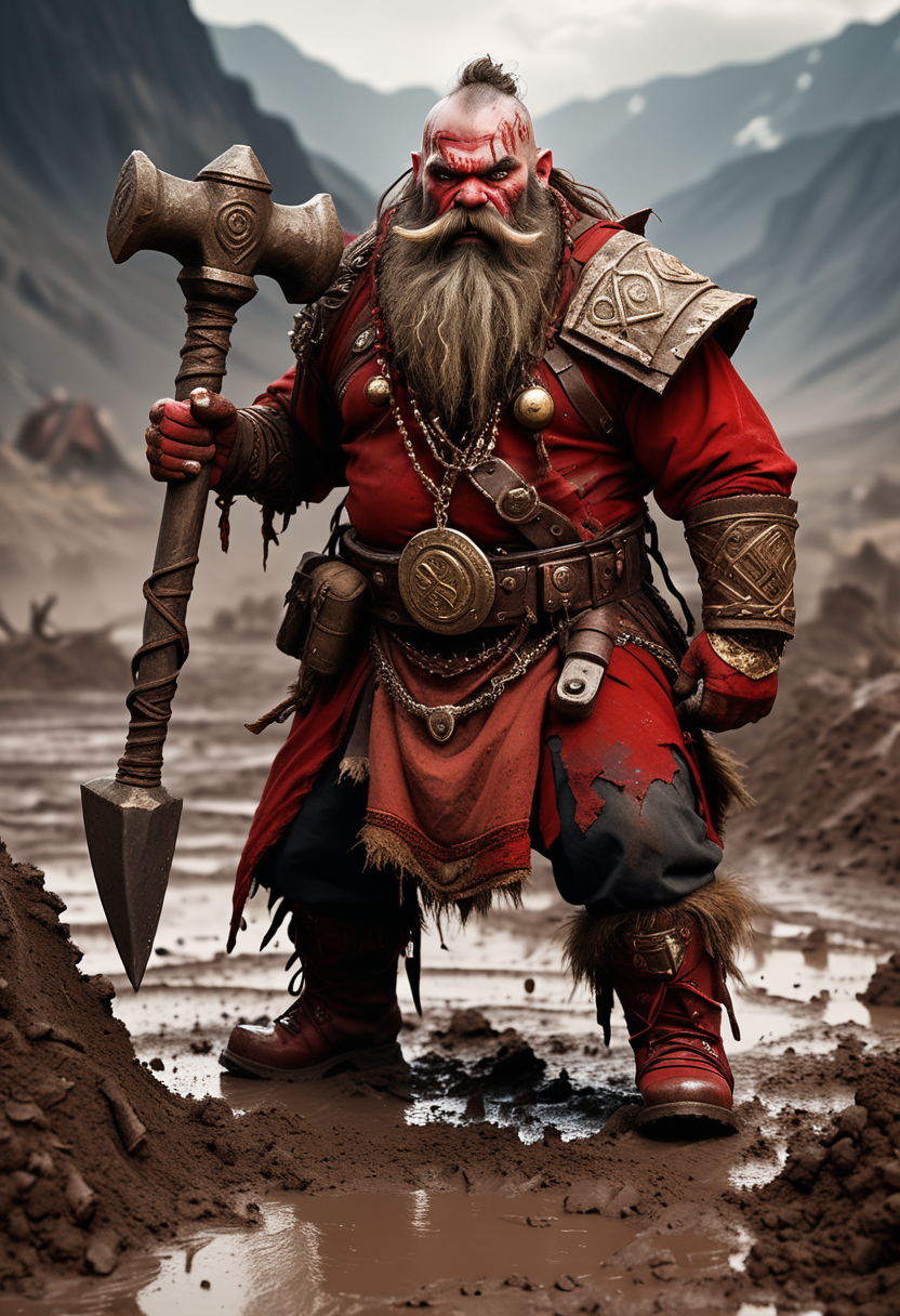 (medium full shot) of (fierce mountain dwarf) wearing a earthy red tribal garb, iron-toed boots, Tangled dark beard, gold amulet, wielding a large war hammer, set in  a muddy battlefield, with churned earth, deep trenches, scattered debris , ,Masterpiece,best quality, raw photo, realistic, very aesthetic