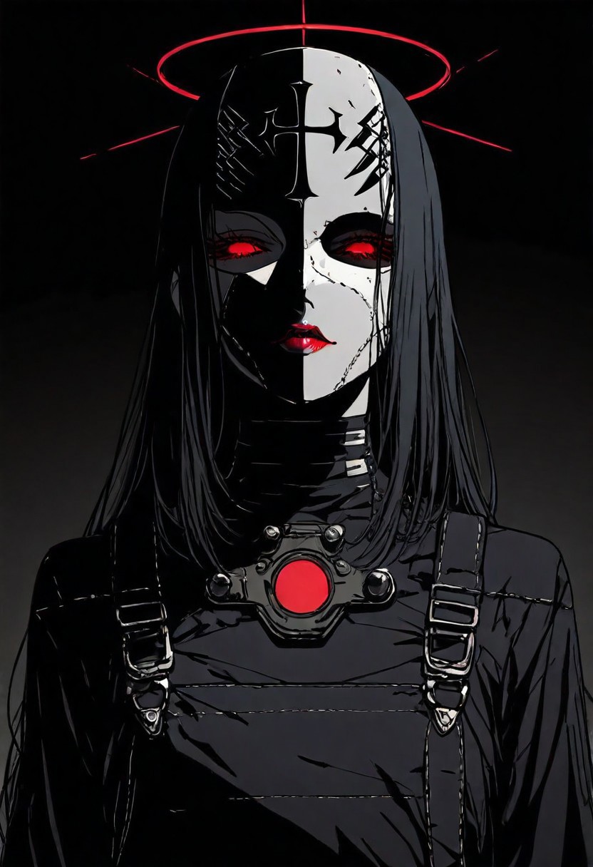 masterpiece, best quality,high quality, newest, highres,absurdres, androgynous figure against a solid black background. The subject is adorned in a futuristic, geometric costume with bold color combinations. The costume is primarily composed of horizontal black and white stripes, which create a stark contrast against the figure's pale skin. The headpiece is a large, circular shape with a gradient from red at the outer edge to white at the center, resembling a halo. The figure's face is painted in a dramatic, almost mask-like style, with a white base and striking red lips. The makeup around the red glowing eyes is heavily accentuated, giving a bold, almost exaggerated appearance. The overall aesthetic is minimalistic yet highly impactful, with a focus on clean lines and bold color contrasts. The image's lighting is carefully controlled, casting subtle shadows that accentuate the contours of the costume and the figure's features. The texture of the costume appears smooth and glossy, enhancing the futuristic and otherworldly feel of the artwork. The composition is symmetrical, with the figure centered and the headpiece extending beyond the frame, drawing the viewer's attention to the central subject. white sphere on the background, dark_theme,soft lighting