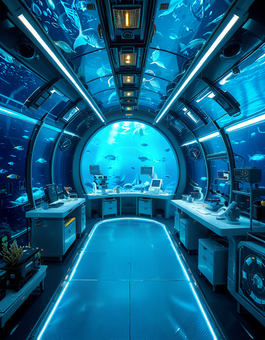 A futuristic underwater research laboratory,underwater research l4b0r4t0ry, located deep beneath the ocean's surface, surrounded by vibrant marine life and illuminated by soft, bioluminescent lighting. The laboratory features large, reinforced glass domes offering a panoramic view of the surrounding blue abyss, with schools of colorful fish and rays of sunlight filtering through the water above. Inside, advanced scientific equipment, glowing computer screens, and researchers in modern wetsuits or lab coats are visible, conducting experiments. The structure is sleek and metallic, with curved, aerodynamic designs to withstand water pressure. Coral reefs and marine plants grow nearby, adding natural beauty. The lighting is a mix of cool, bluish tones, with faint yellow lights from the laboratory windows creating a contrast. The atmosphere is calm yet futuristic, with a focus on scientific exploration and harmony with the marine environment.
<lora:SDXLFaeTastic2400:0.4> <lora:extremely_detailed:0.4> extremely detailed, <lora:underwater_research_l4b0r4t0ry:1>