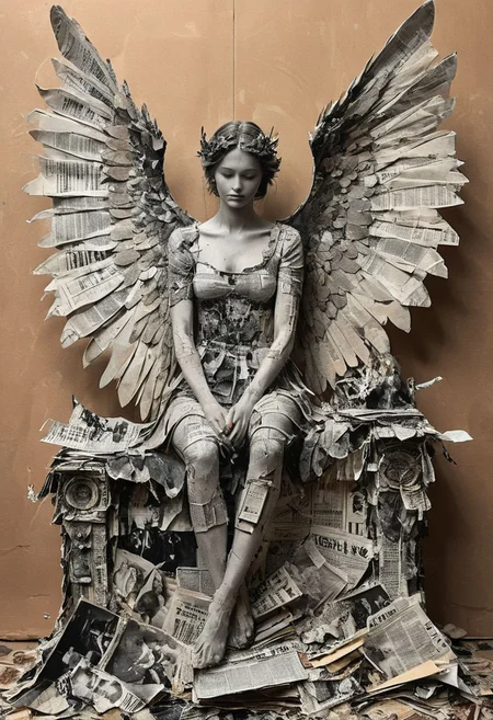 high-contrast monochrome palette, subtle grain, timeless feeling, cinematic quality, modern art photograph, closeup, female angel sitting on the devil's throne in hell, wings intricately crafted from a collage of various newspaper and magazine clippings, artiangel, film grain