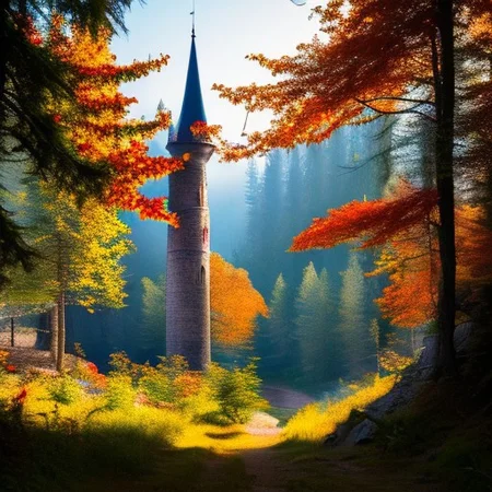 realistic analog photo, award winning photo, vary wide shot of stone witow tower:1.3, no humans, scenery, blue sky, auwo, in a autumn forest, dirt road, lush grassland, Wildflowers, nature, outdoors, RAW, highres, 8k, uhd, High Dynamic Range, tonemapping, crisp details,
