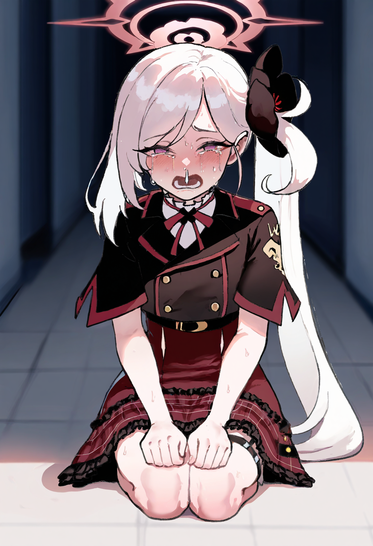 1girl,solo,mutsuki \(blue archive\),<lora:nyantcha nai 3.0:1>,th1ccw1thaq style,crying,sad,tears,sweat,snot,looking at viewer,scolding,seiza,hands on own knees,masterpiece,best quality,(newest:1.1),highres,depth of field,hallway,