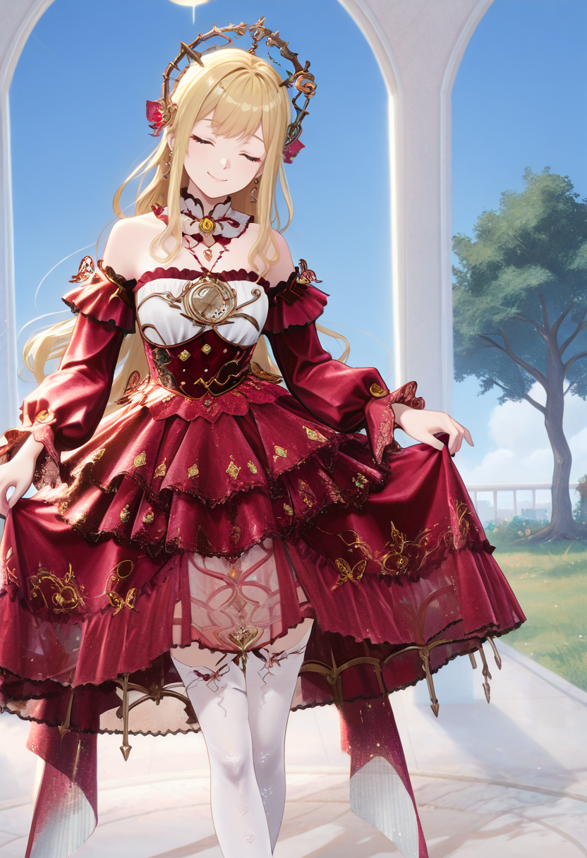 1girl, solo, anime coloring, anime artwork, unholy-aesthetic, masterpiece, best quality, newest, absurdres, highres, safe, CG, cinematic lighting, natural shadow, highest detail, detailed background, intricate scenery, depth of field, insane details, intricate, subsurface scattering, very aesthetic, serene atmosphere, artistic rendering, dramatic contrast, luminous elements, soft painterly texture, striking visual design, finely detailed face, beautiful face, dutch angle, cinematic angle, from front, looking at viewer, safe, sfw,
garden, gazebo, tree, potted plant, grass, cobblestone,
day, blue sky,
happy smile, closed mouth, closed eyes,
standing, curtsey, skirt hold, leaning forward, crossed legs,
<lora:kaelaIL:0.35> kaelaIL, long hair, blonde hair,
<lora:wishfulaurosaXLNAI:1.4> wishful aurosa,dress,earrings,see-through sleeves,detached sleeves,strapless dress,dress flower,(white thighhighs:3.0),print thighhighs,frilled dress,see-through dress, red dress, platform footwear