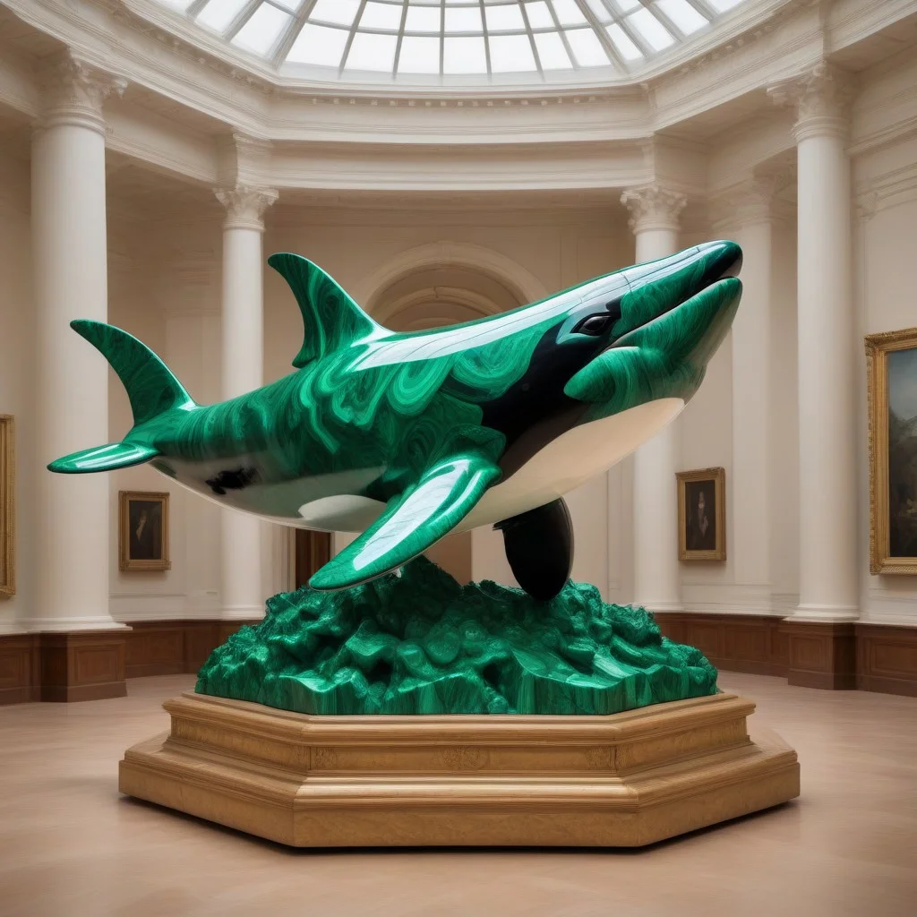 orca made out of malachite_style in a fancy museum