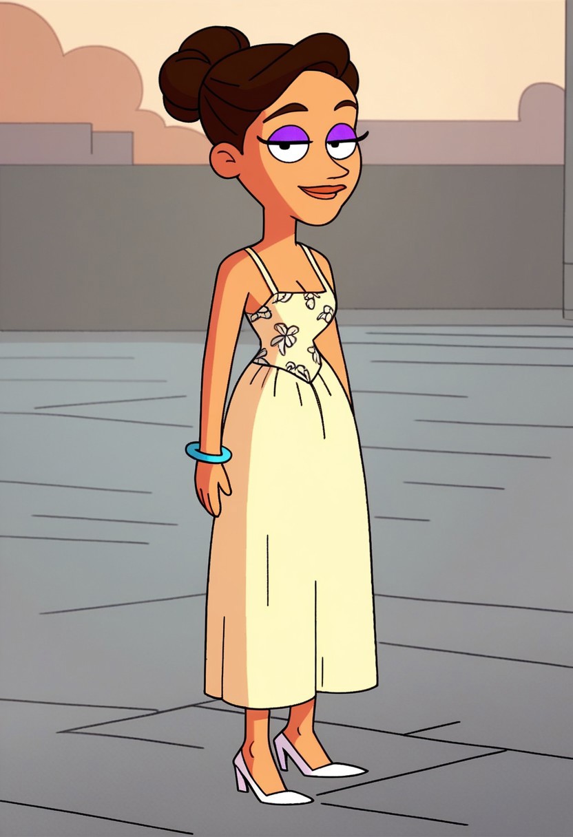 standing cleavage, looking at viewer, smile, upper body, outdoors, score_9, score_8_up, score_7_up, score_6_up, high quality, Shannon_ad, 1girl, solo, brown hair, makeup, purple eyelashes, yellow dress, sleeveless dress, bracelet, white high heels