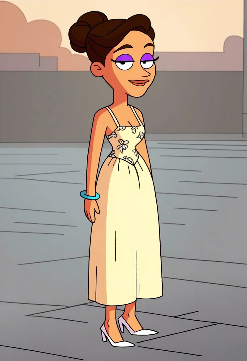 standing cleavage, looking at viewer, smile, upper body, outdoors, score_9, score_8_up, score_7_up, score_6_up, high quality, Shannon_ad, 1girl, solo, brown hair, makeup, purple eyelashes, yellow dress, sleeveless dress, bracelet, white high heels