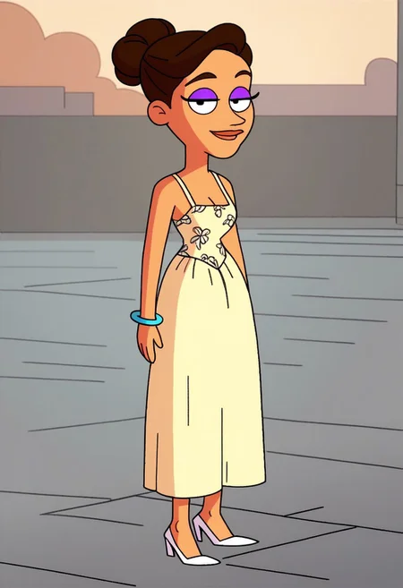 standing cleavage, looking at viewer, smile, upper body, outdoors, score_9, score_8_up, score_7_up, score_6_up, high quality, Shannon_ad, 1girl, solo, brown hair, makeup, purple eyelashes, yellow dress, sleeveless dress, bracelet, white high heels