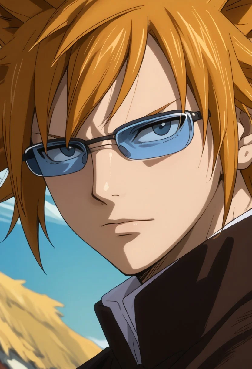 score_9, score_8_up, score_7_up, source_anime, rating_safe, LokeeFT, blue Loke glasses, orange Lokee hair, 1boy, male focus, anime screencap,