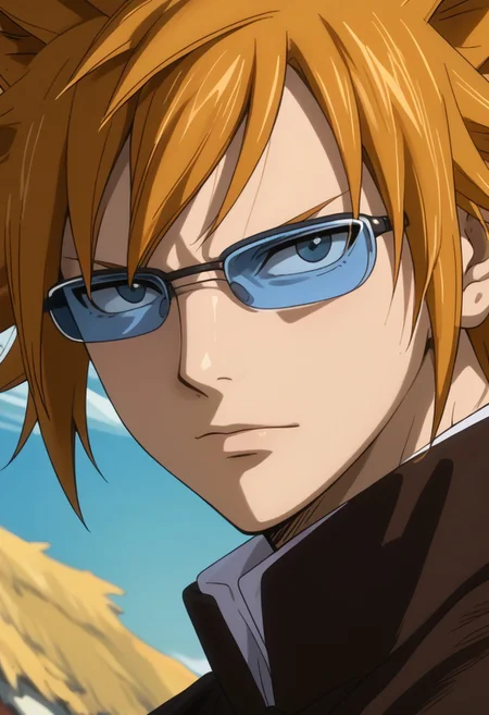 score_9, score_8_up, score_7_up, source_anime, rating_safe, LokeeFT, blue Loke glasses, orange Lokee hair, 1boy, male focus, anime screencap,