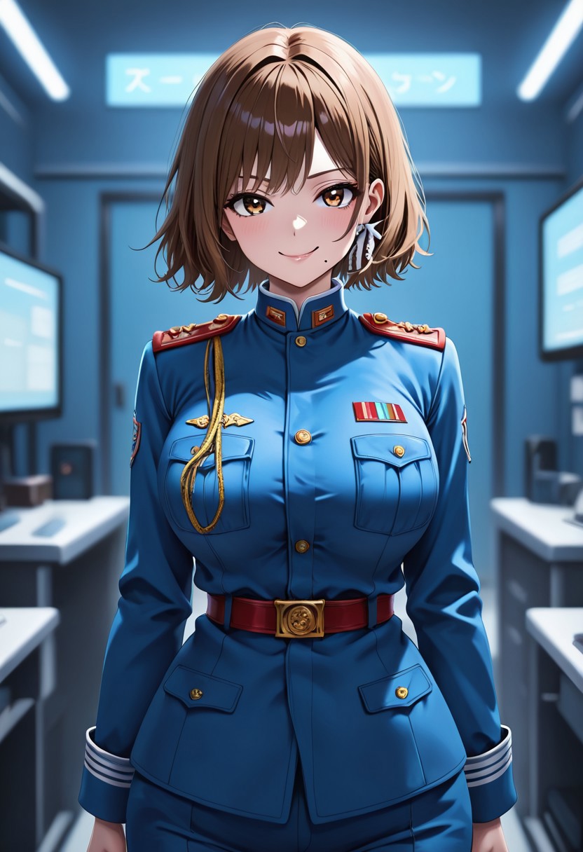 masterpiece, best quality, good quality, very aesthetic, absurdres, newest, 8K, depth of field,  in the style of cknc, artist:moriimee, in the style of cksc, 
1girl,kyouko_fujibayashi, short brown hair, brown eyes, mole under mouth, large breasts, military uniform, red accents, standing in command room, confident smirk, looking at viewer, from front
BREAK
military base, white consoles, screens glowing
BREAK
anime style, vibrant colors, high contrast, dynamic light, sharp outlines, rich details