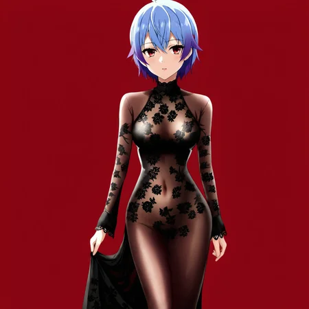 <lora:RutiBanished_pony_v1:.7> RutiBanished, 1girl,  solo, blue hair, red eyes, short hair, multicolored hair, purple hair, cowboy shot,  <lora:1013 Home wear 30_v1_pony:1> ruanyi1013,black dress,floral print,long dress,long sleeves,see-through dress,skin tight,lace