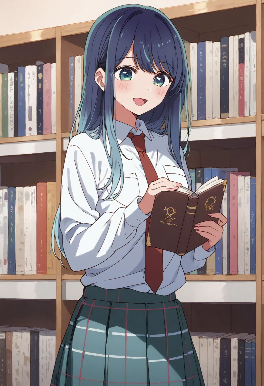 score_9, score_8_up, score_7_up, , score_ANIME,,kurokawaakane, 1girl, solo, red necktie, long hair, blue hair, smile, blush, bookshelf, white shirt, open mouth, long sleeves, aqua eyes, book, collared shirt, plaid skirt, indoors, pocket, bangs, pleated skirt, breast pocket, standing, cowboy shot, shirt tucked in <lora:kurokawaakane_pony2:0.95> cowboy shot,smile, breasts, holding book, looking down,