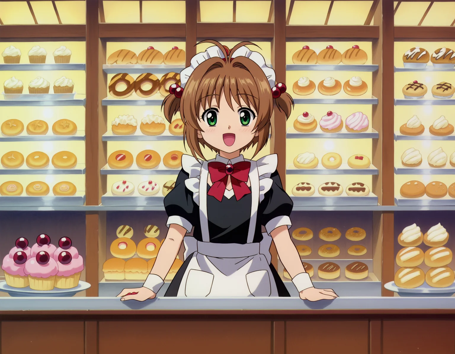 colorful, 1girl, solo, happy, <lora:SakuraPony_CARD:0.8>, SakuraPony, green eyes, brown hair, short hair, antenna hair, hair intakes, flat chest, hair bobbles, maid, oversized clothes, frills, white frills shirt, long shirt, puff sleeves, short sleeves, white sleeves, red bow tie, bow tie brooch, maid headdress, maid apron, white tights, <lora:Bakery:0.6>, bak3ry, bakery, indoors, sweets, cake, window