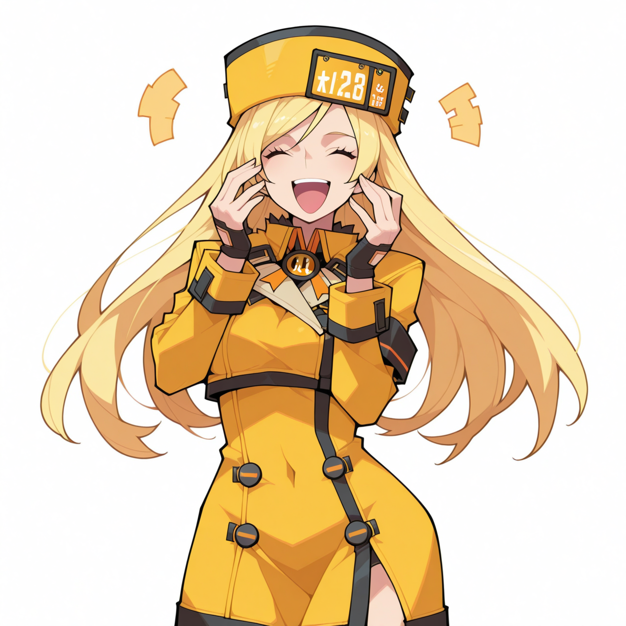 1girl, solo,
Millia Rage, Guilty Gear , 
 simple background, white background, (:1.3) laughing   pose, (standing , looking around ,
,
 <lora:DarkfireStyle19:1.25>