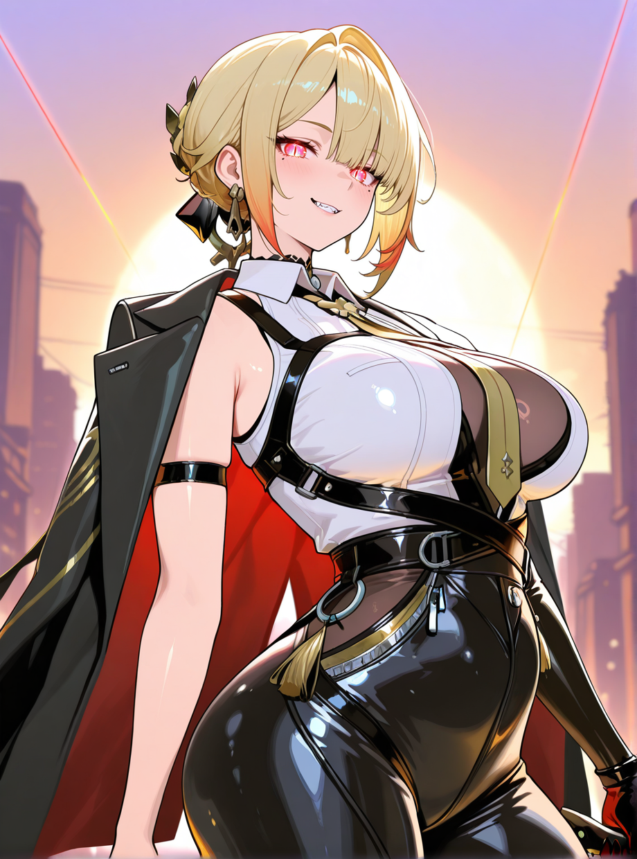(masterpiece), (best quality), 1girl, solo, evelyn chevalier \(zenless zone zero\), (anime screencap), (evch_zzz), looking at viewer, (standing), large natural breasts, (purple eyes), blonde hair, short hair, hair up, anime style, shiny skin, (necktie between the breasts), earrings, high heels, chest harness, arm strap, asymmetrical gloves, white shirt, yellow necktie, collared shirt, sleeveless shirt, elbow gloves, black gloves, black jacket, blush, gloves, ring hair ornament, ass, high-waist_pants, tight clothes, tight pants, high-waist pants, latex pants, (holding), jacket, jacket on shoulders, mismatched gloves, mole under eye, black pants, uneven gloves, (weapon, glowing wire, energy wire, light string, neon weapon, knife at the end of the wire, glowing knife), outdoors, happy, (dragon girl), (scales), gold trim, (slit pupils), tusks, hooded cloak, painterly, colorful, flat colors, glowing, impasto, abstract, plump, <lora:EvelynChevalierZZZeroillusApexAi:0.7>,