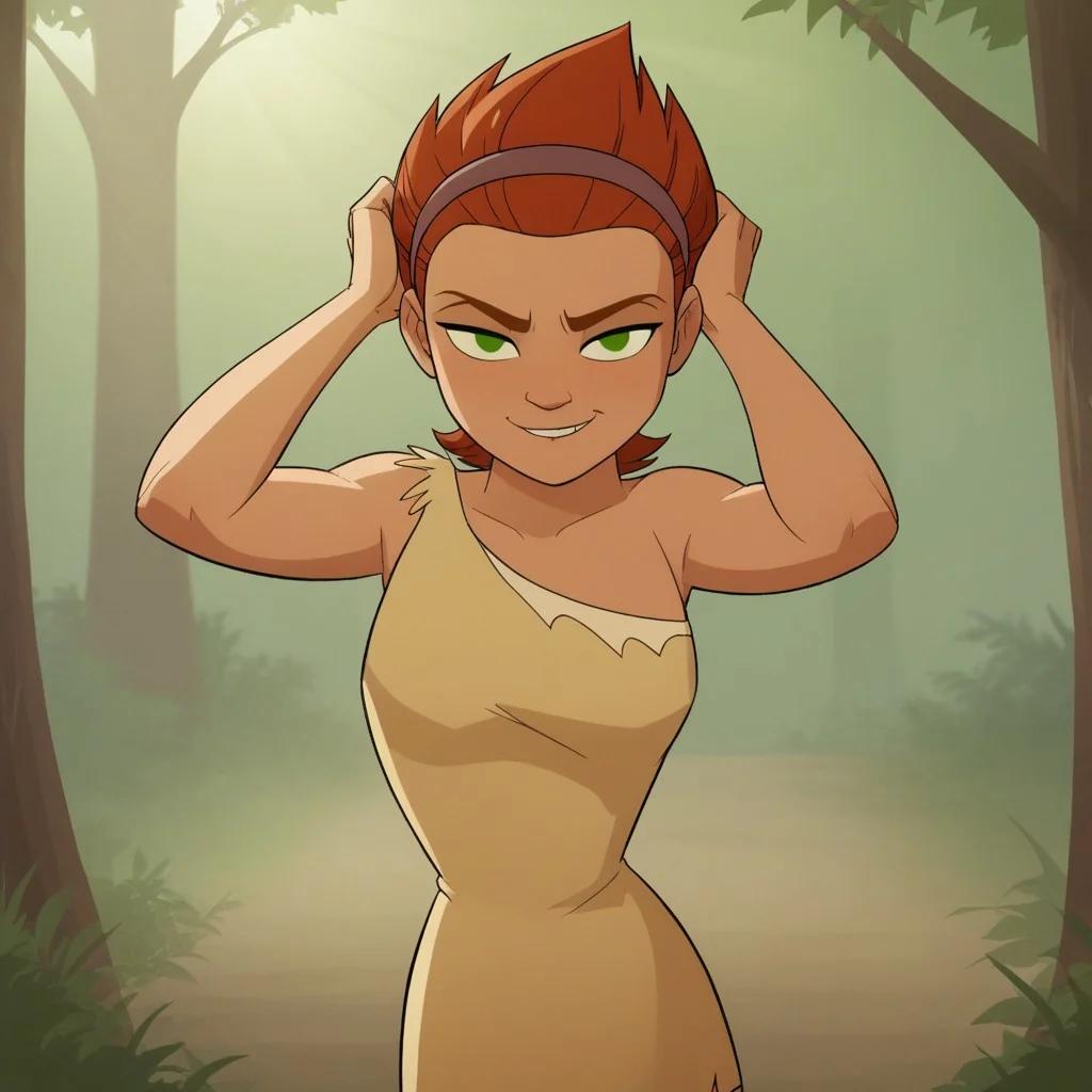 score_8, score_9, break, ugga_dotc, orange hair, short hair, hairband, green eyes, dress, hands in hair, smirk, seductive, outdoors, sunlight, natural lighting, forest