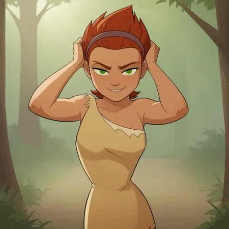 score_8, score_9, break, ugga_dotc, orange hair, short hair, hairband, green eyes, dress, hands in hair, smirk, seductive, outdoors, sunlight, natural lighting, forest