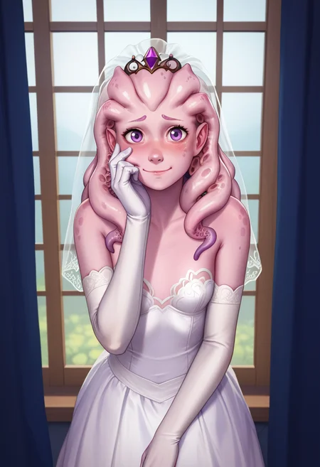 score_9, score_8_up, score_7_up, score_6_up, 1girl, solo, wedding dress, lace, shy smile, white elbow gloves, white stockings, veil, hand on cheek,
<lora:Krys_Decker_-_Artist_style_Newer__characters:0.8> ss-krd_new, <lora:Huntress_Subverse_PDXL:0.7> huntress-dh, small breasts, tentacle hair, monster girl, pink skin, colored skin, dark purple nails, noseless, purple eyes