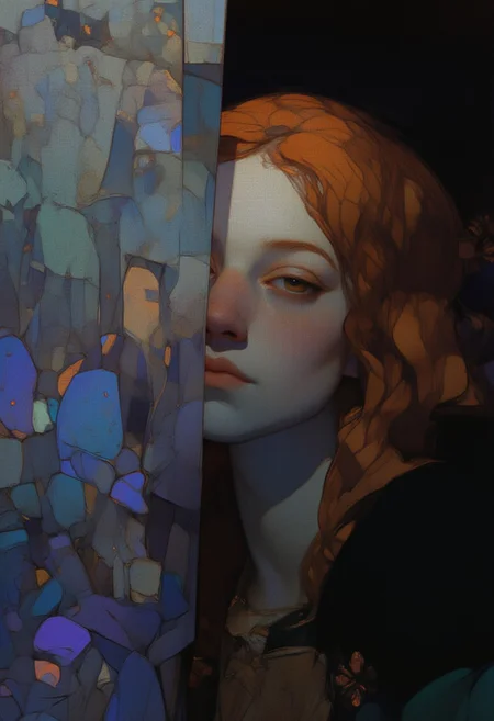A hyper-realistic close-up portrait of a young woman with smooth, glossy pale skin, her wavy, Renaissance-style auburn hair falling gracefully over her brow and softly framing her face. She is adorned in a dark emerald medieval Belgian coat, richly detailed with intricate golden filigree that gleams softly in the dim light. Her head tilts slightly downward, casting a dramatic shadow that accentuates the sharp line of her jaw and adds a sense of solemn elegance. The left side of her face is enveloped in surreal crystalline ice formations, extending outward in a chaotic array of jagged, luminous points. These ethereal structures glow with fluorescent hues of icy blue, deep violet, and iridescent green, illuminating her features with a spectral light that contrasts vividly with the shadowed background. The seamless fusion of her smooth skin and the crystalline structures creates a breathtaking interplay of hyper-realism and surreal artistry, evoking a sense of otherworldly beauty and quiet power.
