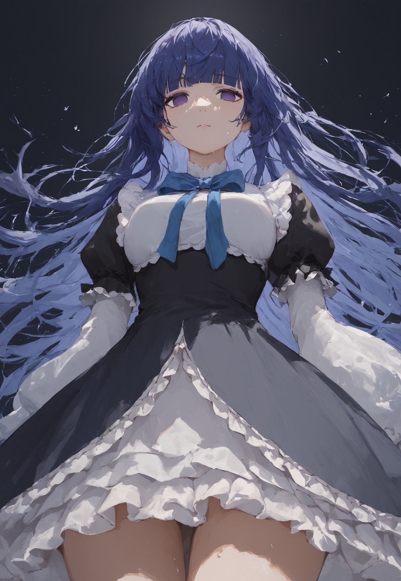 zPDXL3, score_9, score_8_up, score_7_up, ASCII, masterpiece,frederica bernkastel, umineko no naku koro ni, 1girl, black background, black dress, blue hair, blunt bangs, bow, dress, empty eyes, expressionless, frilled dress, frills, hair over shoulder, long hair, looking at viewer, puffy sleeves, purple eyes, solo, straight hair, close up hips, sweaty, from below