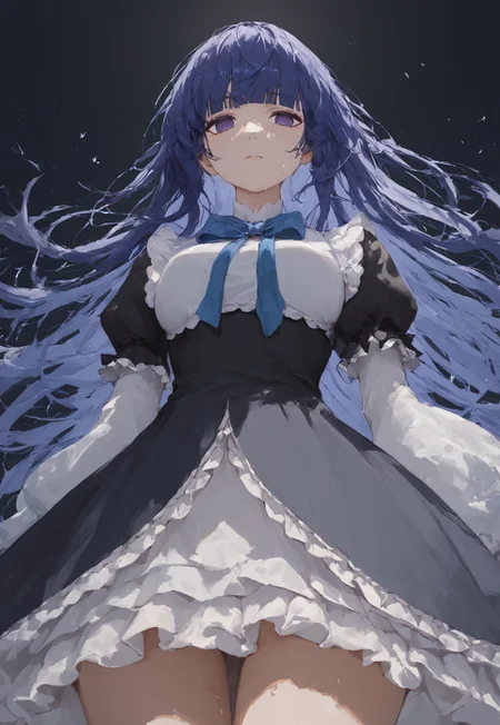zPDXL3, score_9, score_8_up, score_7_up, ASCII, masterpiece,frederica bernkastel, umineko no naku koro ni, 1girl, black background, black dress, blue hair, blunt bangs, bow, dress, empty eyes, expressionless, frilled dress, frills, hair over shoulder, long hair, looking at viewer, puffy sleeves, purple eyes, solo, straight hair, close up hips, sweaty, from below