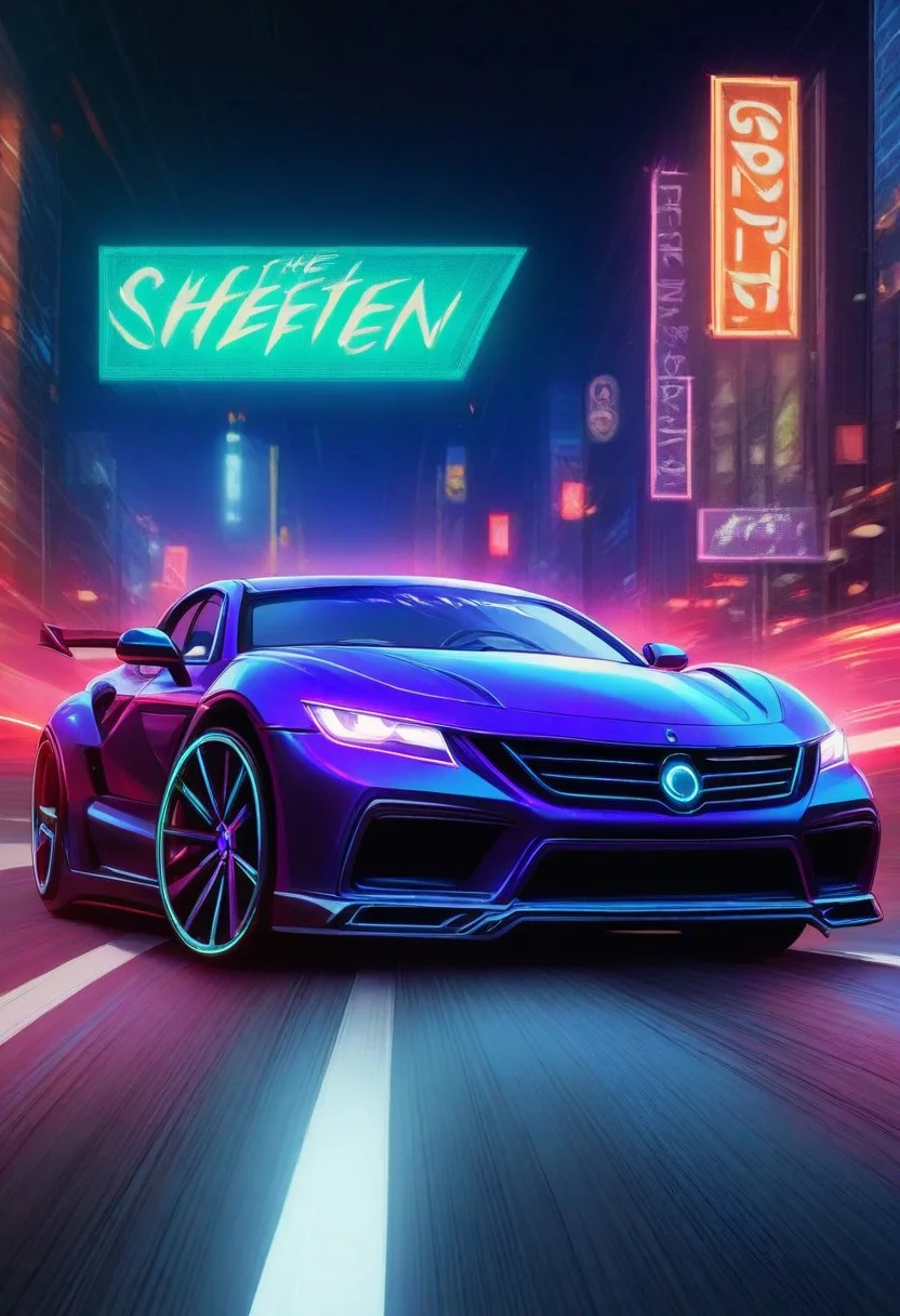 A stunning neon-lit night scene featuring Marina in a sleek, high-performance Japanese sports car. She sits confidently in the driver’s seat, gripping the wheel with determination, ready to race through the vibrant city streets. The car’s glossy body reflects the glow of colorful neon signs, casting a cyberpunk-like ambiance. Motion blur and light trails add a sense of high-speed adrenaline, reminiscent of the thrilling action from Fast & Furious 2. The atmosphere is electrifying, with a mix of deep blues, purples, and bright pinks illuminating the urban environment. Smoke rises from the tires as Marina prepares to drift around the next corner, her expression fierce and focused. The scene embodies speed, excitement, and the rebellious spirit of underground street racing.
