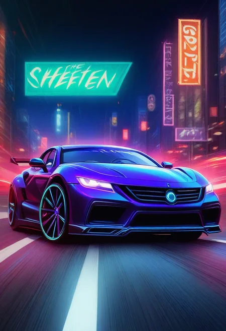 A stunning neon-lit night scene featuring Marina in a sleek, high-performance Japanese sports car. She sits confidently in the driver’s seat, gripping the wheel with determination, ready to race through the vibrant city streets. The car’s glossy body reflects the glow of colorful neon signs, casting a cyberpunk-like ambiance. Motion blur and light trails add a sense of high-speed adrenaline, reminiscent of the thrilling action from Fast & Furious 2. The atmosphere is electrifying, with a mix of deep blues, purples, and bright pinks illuminating the urban environment. Smoke rises from the tires as Marina prepares to drift around the next corner, her expression fierce and focused. The scene embodies speed, excitement, and the rebellious spirit of underground street racing.
