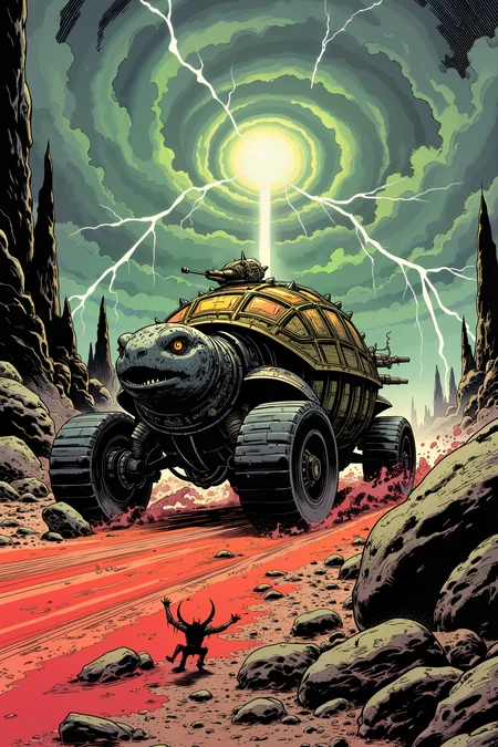 A wheeled fortress resembling a gigantic turtle rumbles down a road made of pulsating, fleshy material that stretches endlessly across a barren, alien wasteland. The fortress is covered in spiked armor and bristling with cannons, its surface scarred from countless battles. The road itself seems alive, undulating and shifting slightly under the weight of the vehicle, its surface glowing faintly with a deep, pulsing red light. Surrounding the road, jagged rock formations rise like broken teeth, their surfaces covered in strange, glowing glyphs that seem to watch the vehicle as it passes. The sky above is an ominous swirl of gray and green, crackling with intermittent bursts of lightning that illuminate the desolate landscape. The fortressâ engines roar like distant thunder, sending plumes of black smoke into the air as it powers forward. Strange, spindly creatures scuttle across the rocks, their glowing eyes fixed on the massive vehicle. The air is thick with tension, the oppressive atmosphere pressing down on everything in sight. Far ahead, the road disappears into a swirling vortex of shadow and light, its destination unknown. , detailed background Fantastic lighting. Detailed shadows.intricate details, vivid colors, hyper-detailed, ultra-sharp, High resolution, high detail. Highly detailed. , ,meiman_style,This is a retro comic book style digital illustration, <lora:meimanstylev2:0.4><lora:Vintage comic book:0.4><lora:RetroAnimeFluxV1:0.15><lora:Greg_Capullo_style:0.4><lora:jeanClaude_Mzires_Style_FLUX-000001:0.4><lora:Flux_Ink_Anime:0.4>