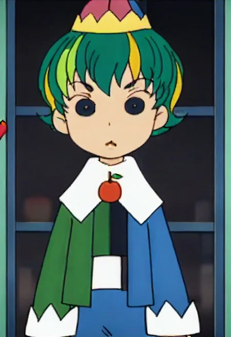 hat, green hair, multicolored hair, long sleeves, short hair, cherry, fruit, 1girl, blonde hair, black eyes,,,,,,,,,,, ,,,,,anime coloring,anime screencap, 1girl,Solo ,, anime,,,,official art, Uncensored ,Unedited ,,,,, ,,,,,,