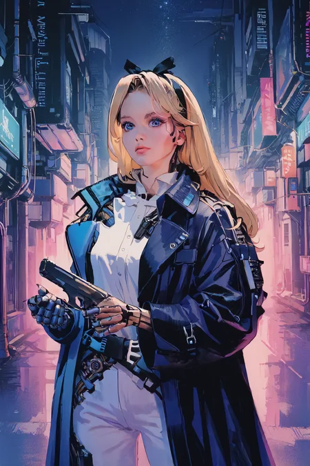 zPDXL3, <lora:80s_Vintage_Porn_Magazine_Style_V2:0.8>, 80spm, vintage porn, 80s era, 1980s photo, 1girl, <lora:CyberWare:0.8>, cyb3rwar3, cybernetic arms, cybernetic eye, <lora:AliceInWonderlandXLPony_character:0.8>, alicewaifu, blue eyes, blue leather trench coat, white pants, white shirt, black hairband, bow, blonde, holding a futuristic handgun, in a cyberpunk city at night, punk, neon,