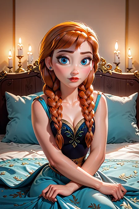 score_9, score_8_up, score_7_up,
<lora:DisneyAnna:0.8>
DisneyAnna, 1girl, orange hair, blue eyes, twin braids, looking at viewer, reclining on a plush bed, satin sheets, dimly lit room with candles, soft shadows on the walls, intimate and luxurious setting