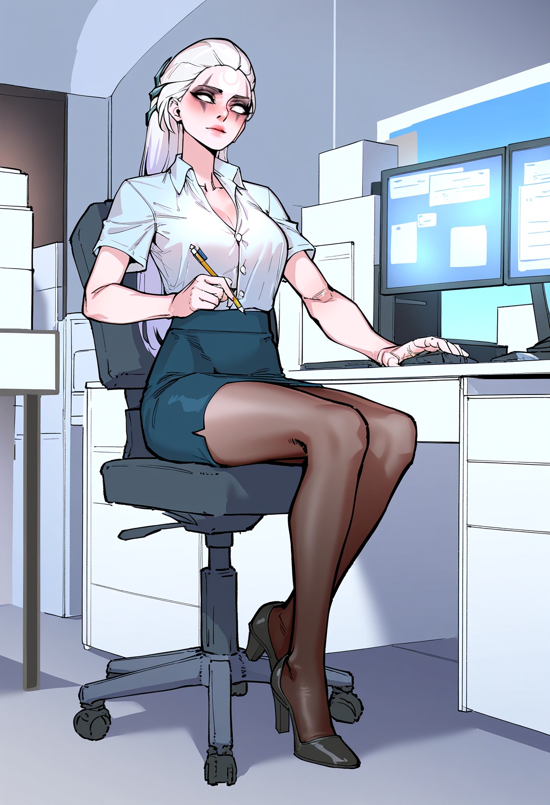 masterpiece, orgoglioso banane,1girl, diana \(league of legends\), league of legends, solo, crescent facial mark,forehead mark, nose, facial mark, nose,white eyes,long hair, white hair, lips,indoors, office space, sitting, white button up, short sleeves, pencil skirt, pantyhose, high heels, sitting, computer desk, working, scenery, cubicles, windows,