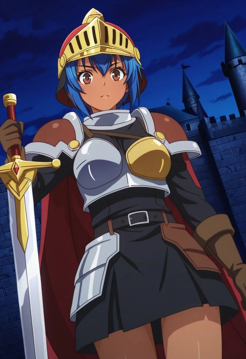 general,highres, ultra-detailed,very aesthetic,best quality ,best hands,best eyes,easynegative,
dynamic anglre, dutch angle, anime cloring,anime screencap,
1girl solo,looking at viewer,castle,outdoors,standing,sword,
Menad Sisay,short body,brown eyes,large breasts,blue hair,short hair,dark skinned female,armor,gloves,helmet,