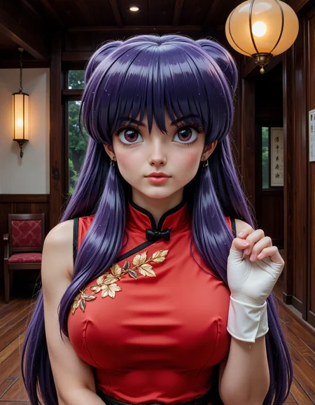 Shampoo_Ranma_Real_Final, Extreme close-up portrait of Shampoo, cropped from upper chest to mid-forearm, set against the exotic and mystical ambiance of a traditional Chinese dojo. Her vivid purple eyes sparkle with fierce determination, contrasting against her smooth, porcelain-like skin. Her long, luxurious purple hair flows down her back in thick waves, with a few delicate strands framing her intense, focused expression. She wears her signature red Chinese-style dress, adorned with golden embroidery, its fabric showing faint signs of wear from recent training. At the frame’s edge, her slender arms are visible, hands wrapped in fingerless, white martial arts gloves, clenched in readiness. The background reveals dark wood-paneled walls, traditional scrolls, and soft lantern light casting a warm glow, adding depth to the atmosphere of ancient tradition and strength. [Composition: Tight 85mm lens effect, emphasizing Shampoo’s poised readiness within the serene, disciplined setting of the dojo.]