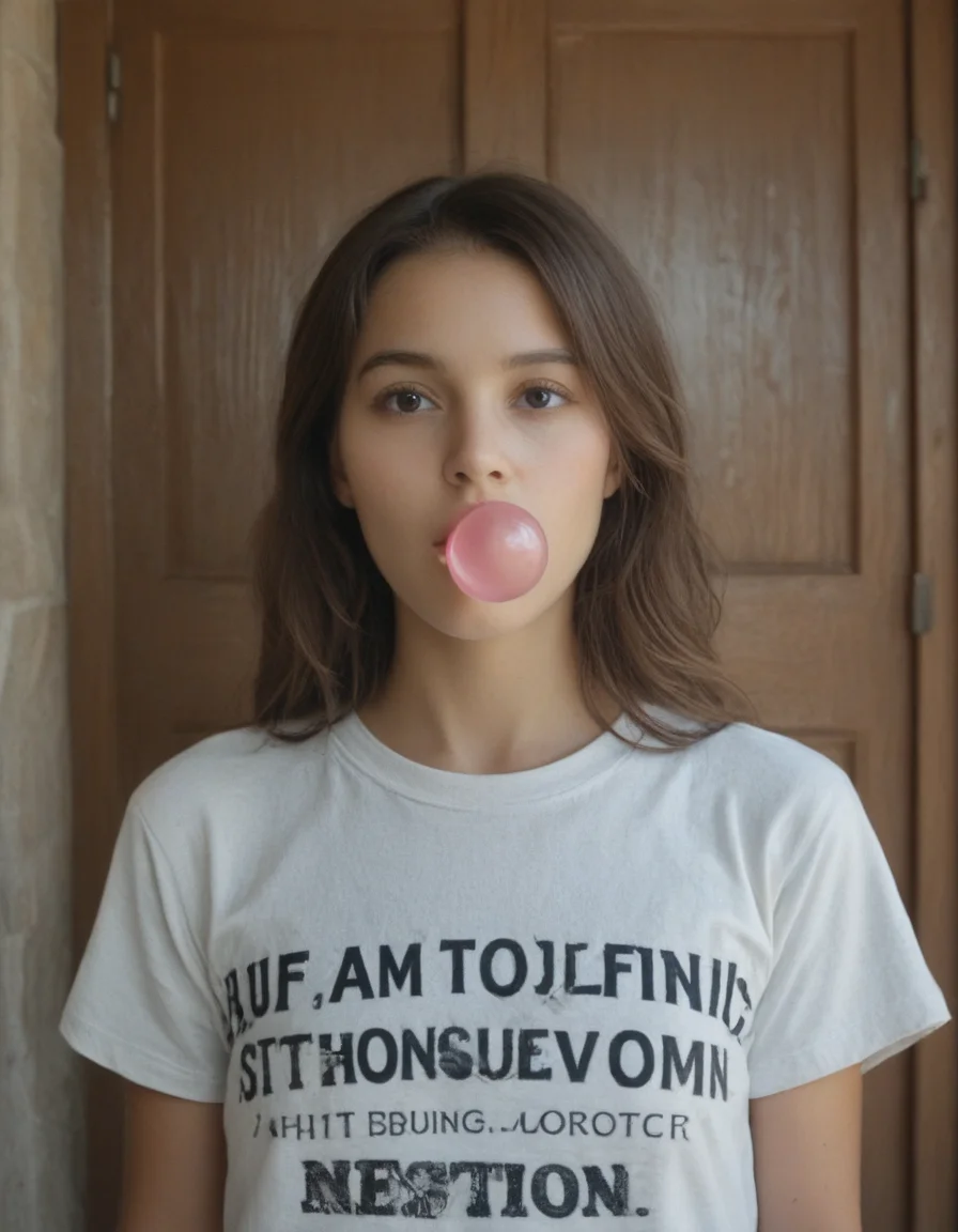 vintage photo, photograph, young woman, white t-shirt, blowing bubblegum, brown hair, fair skin, wooden door, stone wall, text on sign, indoors, casual clothing, natural light, medium shot, close-up, playful expression, relaxed atmosphere, candid, contemporary style