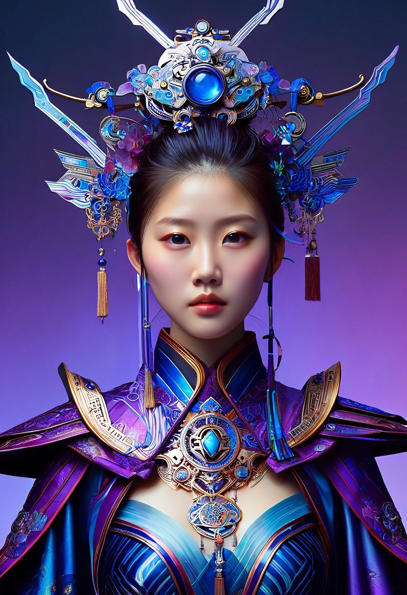 A hyper-realistic, upper-body portrait of a lone girl adorned in intricate, futuristic fantasy clothes, blending traditional Chinese cultural elements with modern accents, set against a subtle, gradient background that shifts from deep blues to vibrant purples, with soft, cinematic lighting that accentuates her delicate features, capturing the subtle sheen of silk and the metallic glint of futuristic accessories, in the style of digital painting with precise, ultra-detailed textures.