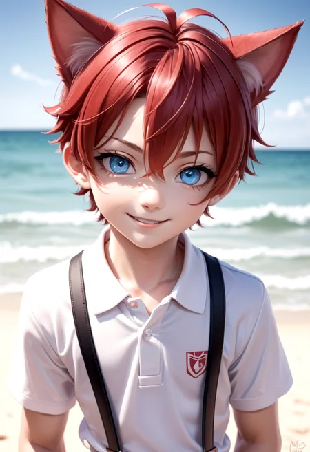 (1boy:1.2), beach, smile, ( crimson cat ears:1.4), (red ears), male face, male body, more details in eyes, (very short hair:1.2), hair between eyes, cute, adorable boy, cute face, detailed face, handsome, young, juvenile, white skin, eyeshadow, crew cut, crimson hair, details sky, looking at viewer, blush, blue eyes, full shot, red suspenders, (pants), (white polo shirt), aki,
(masterpiece:1.2), best quality, high resolution, unity 8k wallpaper, (illustration:0.8), (beautiful detailed eyes:1.6), extremely detailed face, perfect lighting, extremely detailed CG, (perfect anatomy),