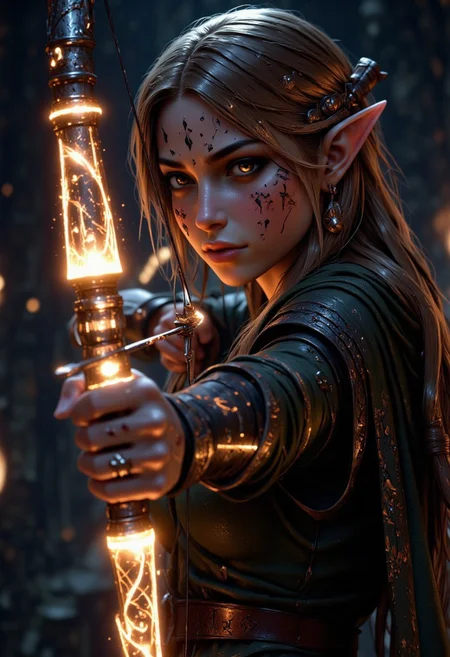 UHD 32k epic fantasy movie still, closeup portrait, photograph, archery, a beautiful elf woman aiming a bow and arrow, the bow weapon is glowing with gold magic and glowing runes, dark cave background, cinematic realism, high action pose, perfect pupils, insanely detailed faces, correct digits, realistic skin, intricately detailed, dimly lit,  perfect eyes, perfect pupils, expressive eyes, texture, mad-arcnsmbls, mythp0rt, aidmaMJ6.1