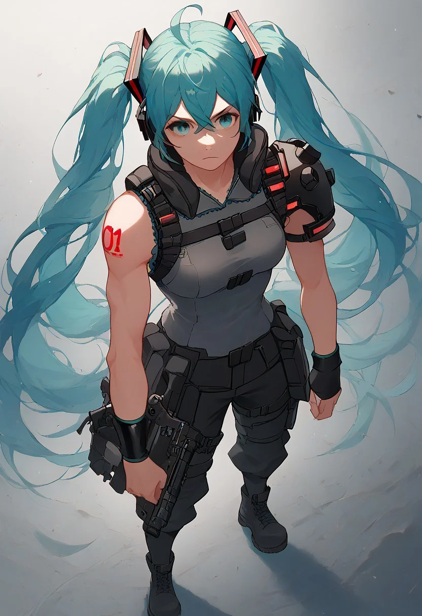 score_9, score_8_up, score_7_up,
miku hatsune, ahoge, aqua eyes, aqua hair, crossed bangs, hair between eyes, hair ornament, headphones, long hair, twintails,, guerrilla outfit, black outfit, tactical gear, black armbands, sleeveless shirt, belts, chest harness, tactical harness, left pauldron, shoulder pad, combat boots,