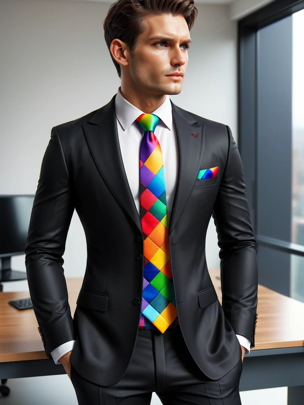 man wearing a mad_colorful_checkers necktie, white shirt, black suit, office <lora:Colorful_Checker_SDXL:0.8>, (masterpiece:1.2), best quality
