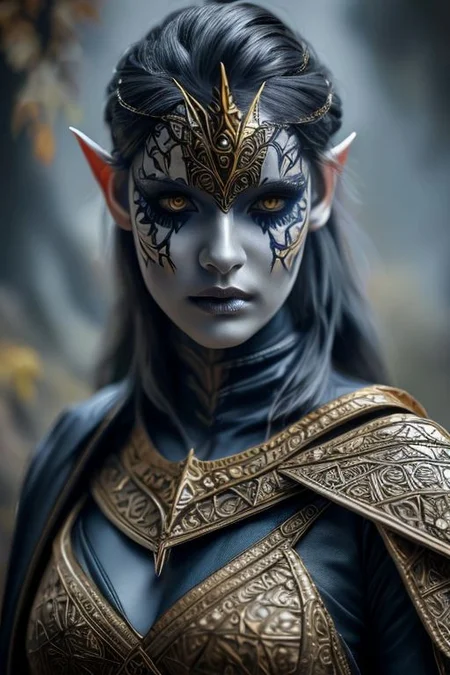 RAW photo, (masterpiece:1.3), subsurface scattering, heavy shadow, (high quality:1.4), (intricate, high detail:1.2), professional photography, HDR, High Dynamic Range, realistic, ultra realistic, photorealistic, high resolution, film photography, ambient lighting, atmospheric effects, <lora:detail_slider_v4:2>, OverallDetail, a female drow ranger, dark makeup, intricate leather armor with leaf patterns, jewelry, cape, tiara, <lora:Drow:0.8>, epiCPhoto