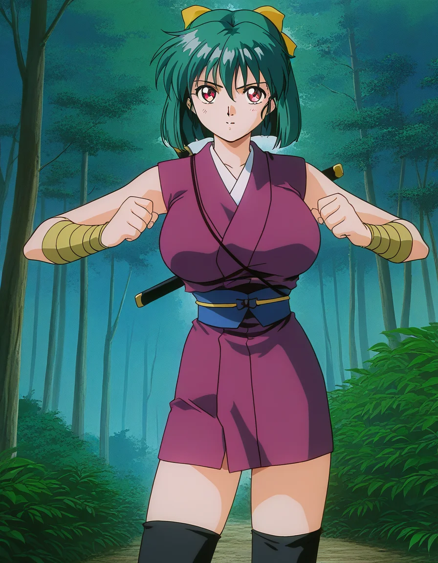 general,highres, ultra-detailed,very aesthetic,best quality ,best hands, BREAK <lora:Yaku_InjuuGakuen_IS:1.1>
Yaku, 1girl, green hair, short hair, red eyes, large breasts, hair ribbon, Yellow bow, black thighhighs,
japanese clothes, ninja, short kimono, purple kimono,
1990s \(style\),anime coloring,
copse of trees, forest,