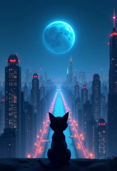 High quality, high resolution, high definition,
A magical city with faint neon lights on the skyscrapers, a planet emitting blue light, with the view from behind a cat looking down at the city, anime style