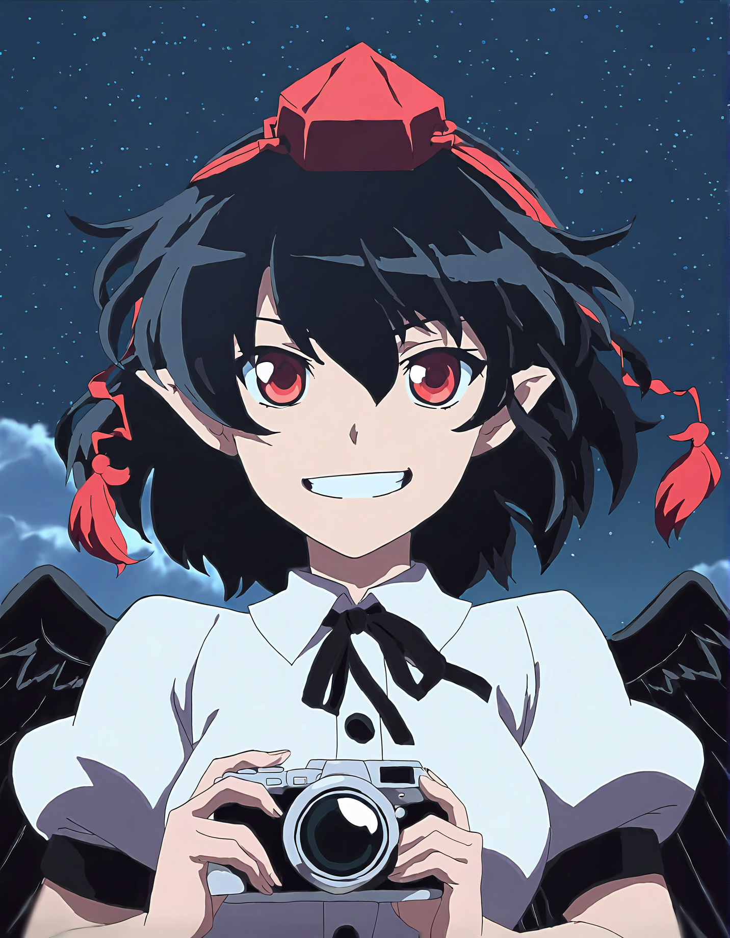 memoriesofphantasm, 1girl, shameimaru aya, tokin hat, solo, hat, black hair, wings, red eyes, pointy ears, black wings, smile, camera, anime coloring, sky, looking at viewer, shirt, short sleeves, short hair, upper body, puffy sleeves, white shirt, holding, puffy short sleeves, sensitive, star (sky), grin, cloud, night, general, parody, night sky, collared shirt, ribbon, bird wings, starry sky, black ribbon, feathered wings
very awa, masterpiece, best quality, year 2024, newest, highres, absurdres, <lora:memories-of-phantasm-style-noobai-vpred10-logit:1>
