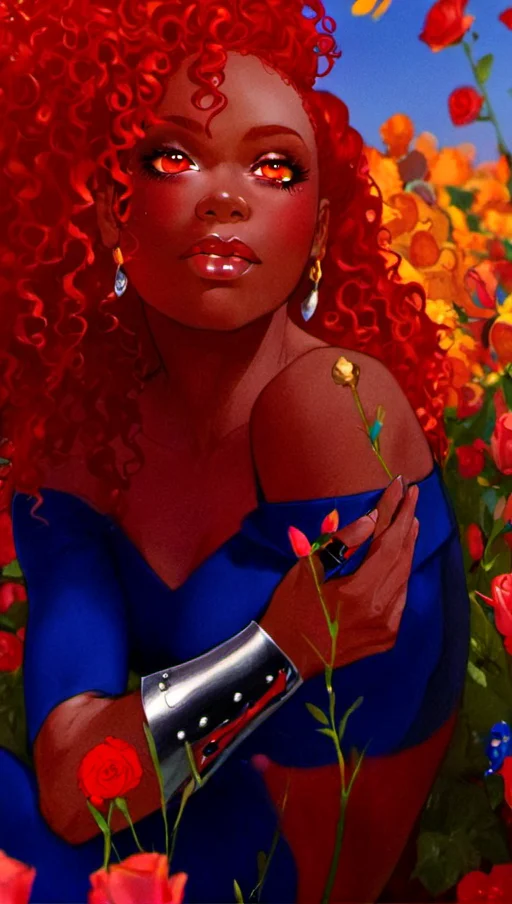 (Girlish Painting:1.3) of (Masterpiece:1.3),(Peaceful:1.3) A beautiful and muscular black woman with (red curly hair:1.2), (bright red eyes:1.3), (cybernetic red and gold metal arm), sitting on a field of flowers, wearing a haute_couture peach and blue off-shoulder dress, with silver and pink jewelry, <lora:Haute_CoutureXL:0.6>,(CineColor:1.3) girl