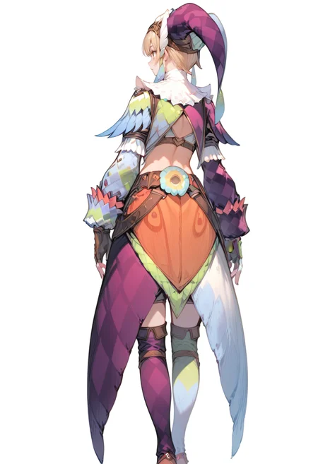 (score_9:0.9),score_8_up,score_7_up,rating_safe,anime_style,(zPDXL),<lora:Qurupeco X Armor ponyXL v1.3:0.88>,1girl,qurupeco x armor,asymmetrical jester cap,1girl,solo,from behind,white background,simple background,asymmetrical fingerless gloves,standing,arms at sides,